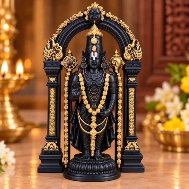 Black Srinivasa Perumal idol with gold detailing, crown, garlands and temple-pillar frame