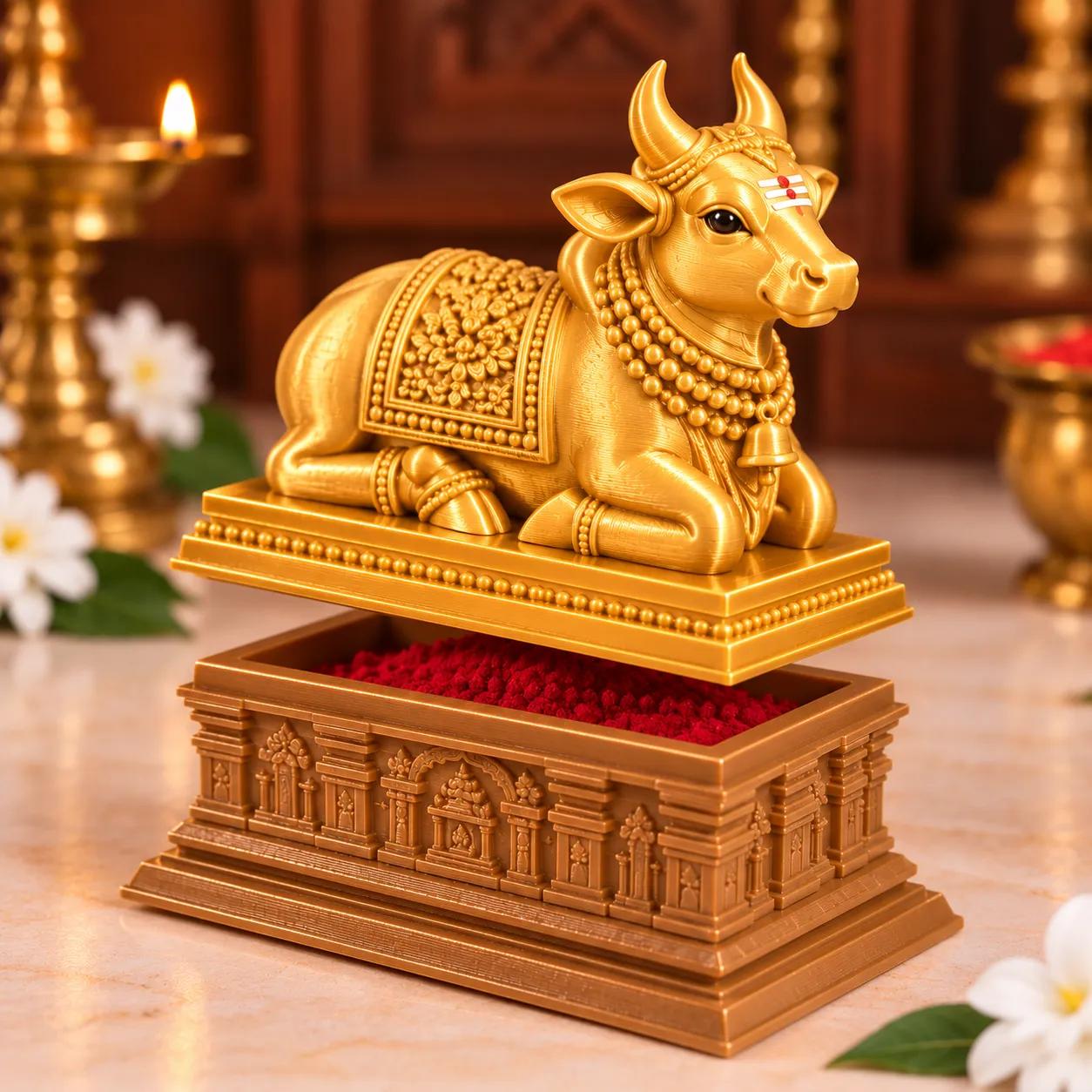 Gold Nandhi kumkum box with lid lifted, showing red kumkum inside